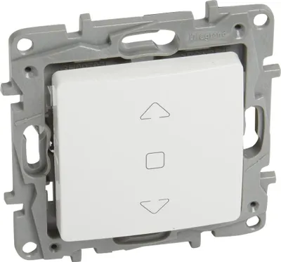A close-up, angled view of a white electrical switch with three symbols: an upward arrow, a square, and a downward arrow, mounted on a gray plastic frame.