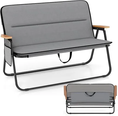 Imagen del producto de Silla de camping para 2 personas, silla plegable con cojín desmontable, bolsillo lateral y reposabrazos, capacidad de carga de 300 kg, sofá de camping plegable, sofá plegable para exteriores, jardín y camping, color gris