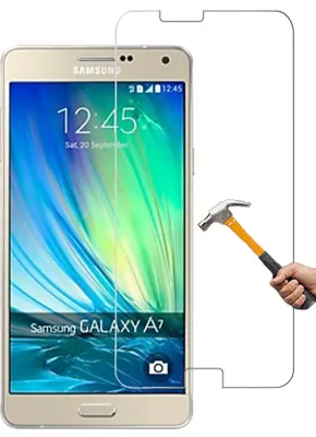 A Samsung Galaxy A7 phone with a screen protector and a hammer.