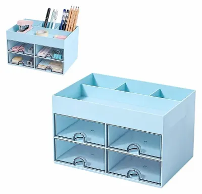 Obrázok produktu pre Multifunkčný držiak na perá - Organizér na stôl s 4 zásuvkami - 8 priehradiek - Plast - Odolný - Vhodný do kancelárie/školy - Organizér na stôl
