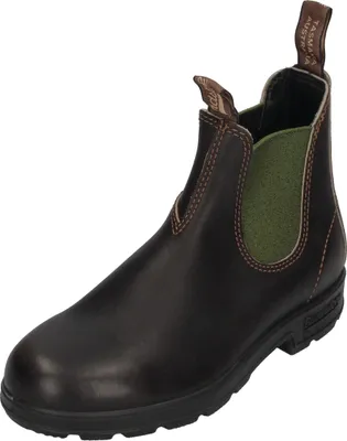 A single brown leather boot with green elastic sides is shown against a white background.