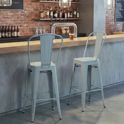 Image de lot de 2 tabourets de bar HWC-A73, chaise de bar tabouret de comptoir avec dossier, métal design industriel ~ gris