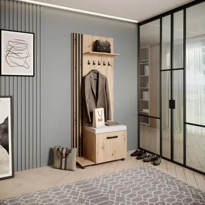 Produktbild von Garderobenschrank LIVIA - Hochschrank mit Aufhängern, Schuhschrank, Eiche Artisan, Lamellen in Schwarz, Sitzkissen in Hellbeige, Links
