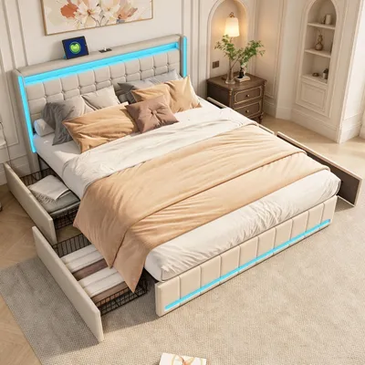 Productafbeelding van INONEFT Boxspringbed 160x200 cm met 4 lades, tienerbed/dubbelbed met USB/Type-C en LED-verlichting, bed met opbergruimte, massief houten bed met lattenbodem, linnen, beige