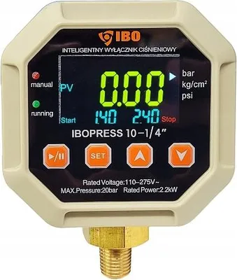 A digital pressure switch with a display and control buttons.