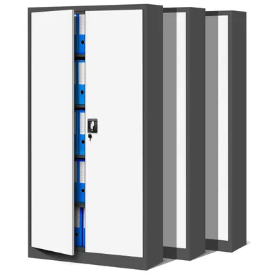 A row of metal filing cabinets against a white background.