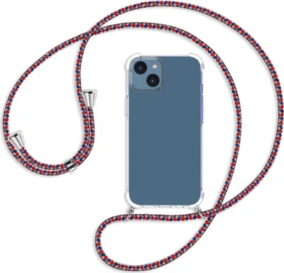 Produktbild von Handykette Backcover-Schutzhülle mit Band (Metall silberfarben) für Apple iPhone 14 (6.1'') - silber/blau/rot
