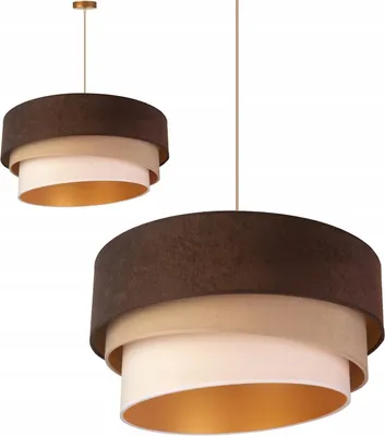 Two tiered pendant lamps with brown, beige, and cream shades, and gold interiors, against a white background.