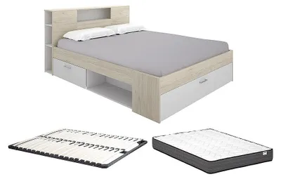Produktbild von Bett mit Kopfteil, Stauraum und Schublade - 180 x 200 cm - Natur und weiß + Rahmen + Matratze - LEANDRE