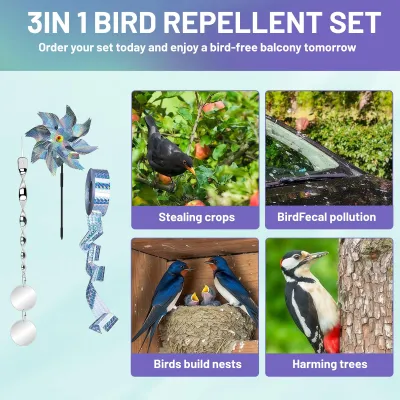 Produktbild von Vogelabwehr Set mit Windmühle, reflektierenden Spiralen, 6-teilig, für Garten und Balkon