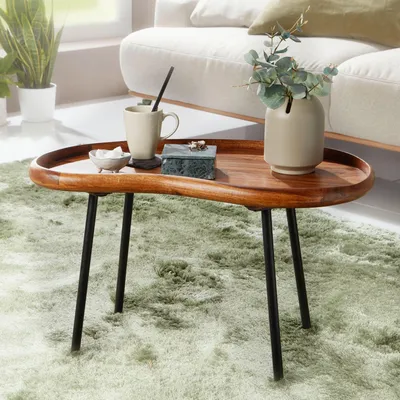 Produktbild von FineBuy Couchtisch Größe S Sheesham massiv Sofatisch Nierenform mit Metallbeinen Wohnzimmertisch Massivholz Kleiner Nierentisch Echtholz Stubentisch