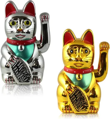 Productafbeelding van Winkekatze goud zilver set - Set van 2 - Batterij aangedreven japanse gelukskat - Cadeau collega afscheid