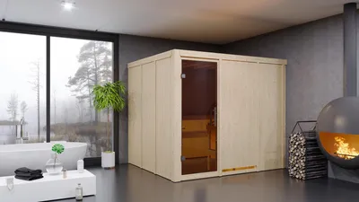 Produktbild von Karibu Sauna Innensauna Gobin Fronteinstieg Ofen 9 kW integr. Strg 231x196x198 cm ohne Dachkranz mit Graphittür