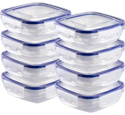 Obrázok produktu pre Ibenzoa® Sada 8 kusov priehľadných nádob na skladovanie potravín s objemom 350 ml – vzduchotesné a protiúnikové, s silikónovým tesniacim krúžkom, s 4-bodovým uzáverom, vhodné od -25 °C do +95 °C, možné skladovať na seba, vhodné do umývačky riadu