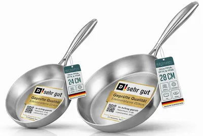 Produktbild von Edelstahlpfanne  set Unbeschichtet - Induktion - Profi Bratpfanne 24cm und 28cm - Perfekt als Steakpfanne & Pastapfanne ohne Beschichtung