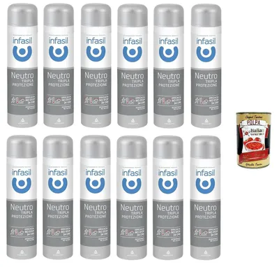 Produktbild von Infasil Deodorant-Spray Neutral Dreifach-Schutz, Schutz und Wirksamkeit gegen Schweiß und schlechte Gerüche, Deo 12x 150 ml + Italian Gourmet polpa 400g
