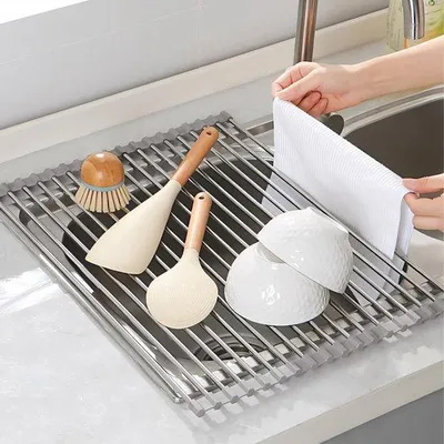 Image de Égouttoir en acier inoxydable, gris, 43 x 35 cm, pliable, rangement de cuisine