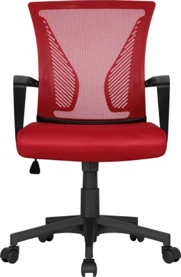A red mesh office chair with black accents is shown from the front against a white background.