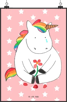 Produktbild von Mr. & Mrs. Panda Bild Einhorn Traurig DIN A2 - Rot Pastell - Geschenk, Wandbild, drucke, Unicorn, Kunstdruck, Einhörner, Blume, Trauer, Liebe, wanddeko, Plakat, Glitzer