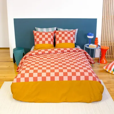 Produktbild von sweeek - Bettwäsche-Set aus Baumwolle mit Schachbrettmuster für zwei Personen rot und orange
