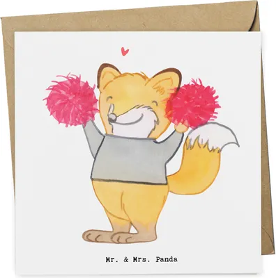 Produktbild von Mr. & Mrs. Panda Klappkarte Fuchs Cheerleader - Weiß - Geschenk, Turniere, Turnen, Cheerleading, Turn Club, anlasskarte, faltkarte, Glückwunschkarte, Grußkarte