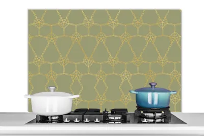 Produktbild von KitchenYeah®  Spritzschutz Küche - Küchenrückwand - Wandschutz für Herd und Spüle - Muster - Grün - Gold - Linie 100x65 - Alu-Dibond (Alternative zum Spritzschutz aus Glas) - Hitzebeständig - Herdspri