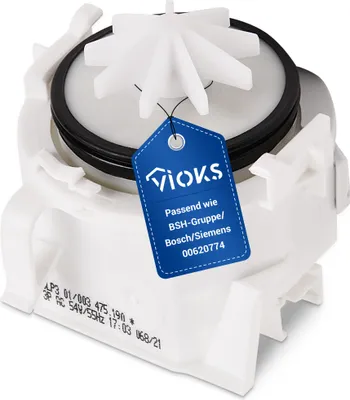 A white washing machine drain pump with a blue tag attached.