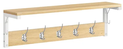 Immagine prodotto di Appendiabiti da parete con 7 ganci e ripiano, scaffale appendiabiti, bianco e legno, 70 x 15 x 25 cm
