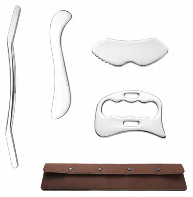 Obrázok produktu pre INF Súprava gua sha z nerezovej ocele – myofasciálne uvoľnenie s ergonomickým dvojitým zahnutím, 4 profesionálne hlavy