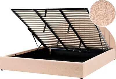 Produktbild von BELIANI Polsterbett Pfirsichrosa Bouclé-Stoffbezug mit Bettkasten Lattenrost 180x200cm Hochklappbar Hohes Kopfteil Gesteppt Schlafzimmer Doppelbett
