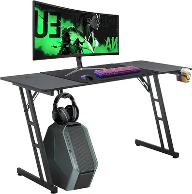 Produktbild von Schreibtisch Gaming Tisch 160x60cm Höhenverstellbar Gamingtisch mit Kabelloch & Kopfhörerständer & Tassenhalter, Kohlefaserplatte Ergonomischer PC Computertisch