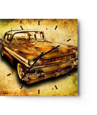 Produktbild von Wanduhr - Quadrat - Glasuhr - Auto klassisch Limousine Geschwindigkeit - 30x30cm - Schleichendes Uhrwerk - Lautlos - zum Aufhängen bereit - Dekoration Modern - Wanddekoration aus Glas - C3AC30x30-0526