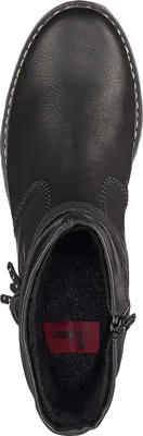 A top-down view of a black ankle boot.