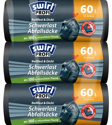 Obrázek produktu pro Swirl, těžké průmyslové pytle na odpad, 60 litrů (3 x 12 kusů), odpadkové pytle s praktickou uzavírací sponou