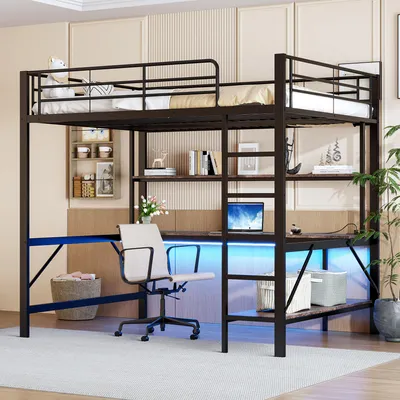 Produktbild von Hochbett 140x200 cm, mit Geländer & Trittleiter, USB, Steckdose, LED-Leuchten, Schreibtisch & mehrstöckigem Regal, ohne Matratze, Metall für Kinderzimmer, Schwarz