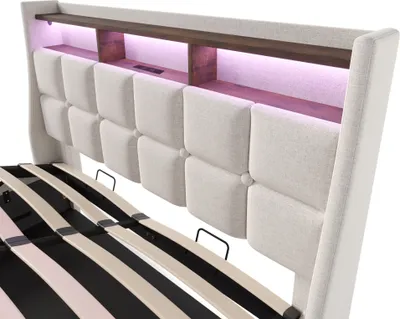 Produktbild von Flieks Polsterbett 140x200cm mit USB, Jugendbett Doppelbett mit Lattenrost und Stauraum, Stauraumbett mit LED, Leinen, Beige