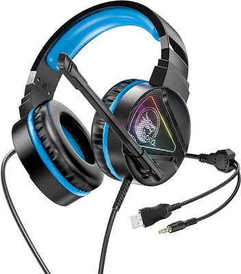 Image de Hoco Gaming Headset W104 pour PC, ordinateur portable Stereo Virtual Surround Sound, avec microphone éclairage LED Over-Ear Casque d'écoute, noir/bleu