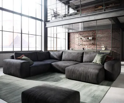 Produktbild von DELIFE Wohnlandschaft Lanzo 300x210 cm Mikrofaser Vintage Anthrazit Recamiere variabel mit Hocker