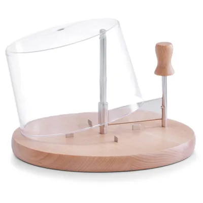 A cheese slicer set with a clear dome cover and a wooden base.