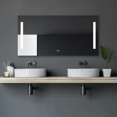 Produktbild von Badspiegel mit Beleuchtung Talos Star 120 x 60 cm Wandspiegel - hochwertiger Aluminiumrahmen mit Kippschalter - eingebaute Digitaluhr - Lichtspiegel mit Lichtfarbe Neutralweiß - Badezimmerspiegel - hinterleuchtete Lichtausschnitte