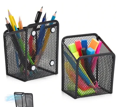 Image de Panier de rangement magnétique en deux parties, organiseur de bureau en treillis métallique, porte-crayons pour accessoires dans le casier