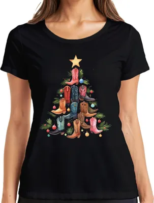 Produktbild von Stiefel Weihnachtsbaum - Weihnachten Weihnachtsgeschenk Christmas Damen T-Shirt, Schwarz, M