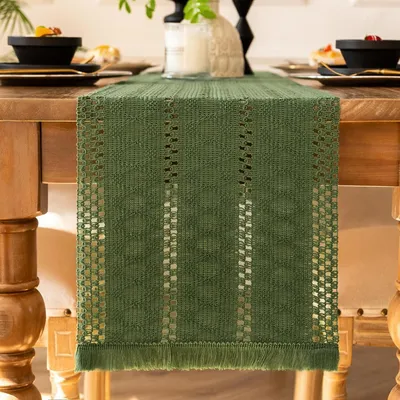 Produktbild von Tischläufer Grün Boho Makramee Baumwolle mit Quasten 30x140cm