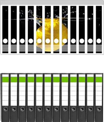 Produktbild von Wallario 12 Stück schmale Ordner inkl. Klebeetiketten mit Motive Zitrone im Wasser - Frisches Obst für die Küche -  Set mit Rückenschildern / Ordnerrücken Stickern