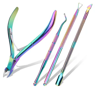 Immagine prodotto di Set di 4 pezzi in acciaio inossidabile per la cura delle cuticole, con spingicuticole e strumento per la rimozione delle cuticole, adatto per unghie delle mani e dei piedi - Colori assortiti