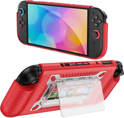 Produktbild von Für Nintendo Switch 2 Anti-Rutsch TPU Hybrid PC Schutzhülle mit Kartenfach Rot