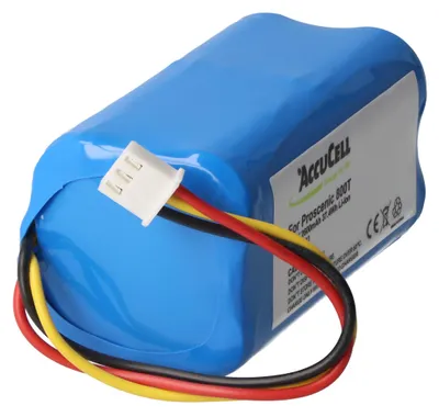 A blue lithium-ion battery pack with a white connector and three colored wires (red, black, yellow). The battery has a label with text and logos.