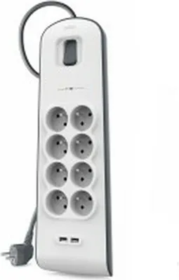 A white and gray power strip with multiple outlets and USB ports, shown against a white background.