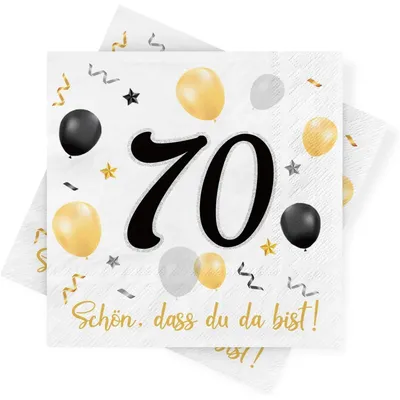 Productafbeelding van Servetten voor 70e verjaardag, zwart en goud, 30 stuks, 3-laags, papieren servetten, tafeldecoratie