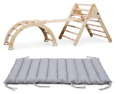 Immagine prodotto di Struttura di arrampicata Buxibo XXL - Triangolo pieghevole + arco di arrampicata con cuscino + scivolo - Parco giochi montessoriano in legno - naturale - 210x83x81cm